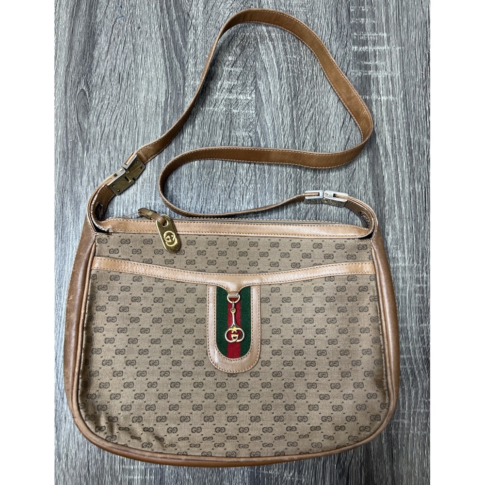 GUCCI Micro Sherry Line GG Bit Canvas Brown Leather Shoulder Bag Purse VTG Rare! - Picture 1 of 16